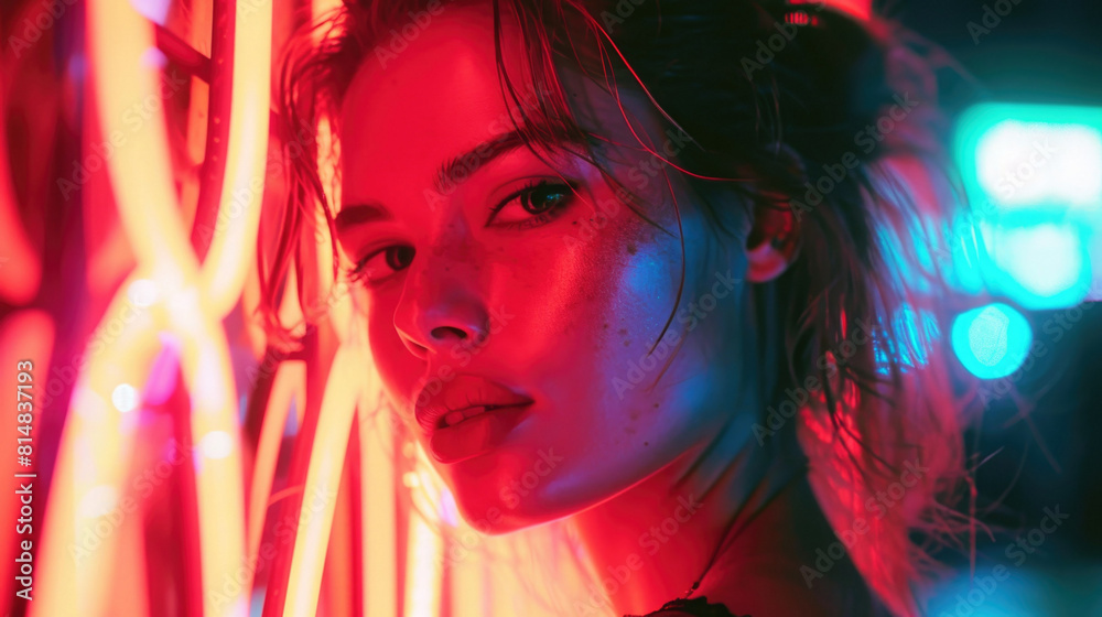 Cinematic night portrait of girl and neon lights Cinematic night portrait of girl and neon lights