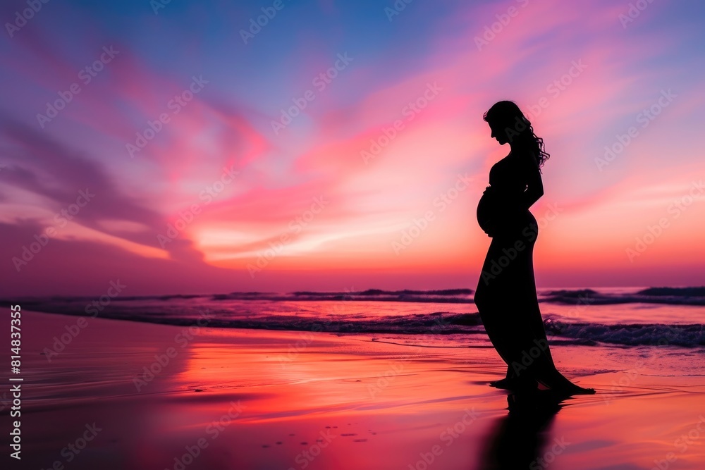 Fototapeta premium Pregnancy Glow: Serene Sunset Silhouette