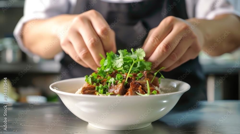 A chef garnishing a bowl of pork leg rice with cilantro and pickled mustard greens, adding freshness and color to the dish. A chef garnishing a bowl of pork leg rice with cilantro and pickled mustard greens, adding freshness and color to the dish.