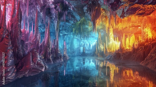 Shimmering stalactites and stalagmites in surreal cavern