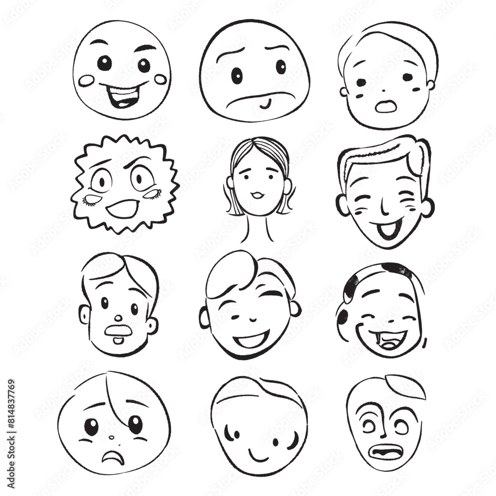 Doodle face drawing set on isolated background. Doodle Emoji face. Cartoon faces. Hand drawn emojis faces Doodle face drawing set on isolated background. Doodle Emoji face. Cartoon faces. Hand drawn emojis faces