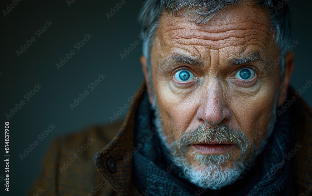 A man with a beard and a blue eye staring at the camera. He is wearing a brown coat and a scarf A man with a beard and a blue eye staring at the camera. He is wearing a brown coat and a scarf