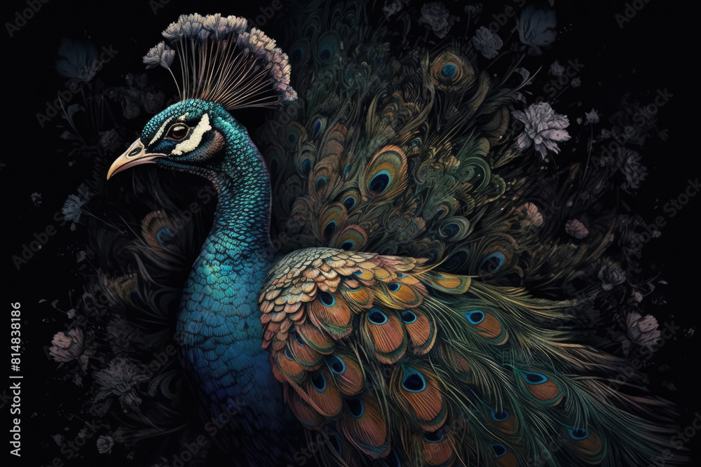 Fototapeta premium Peacock and flowers on a dark background, Art Painting, Bohemian background