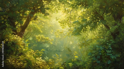 Soft golden light filters through emerald green leaves inviting serenity