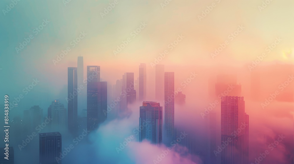 Misty cityscape fading into ethereal hues