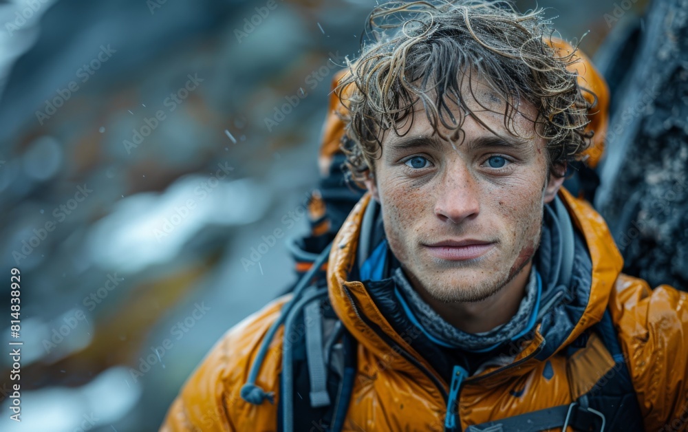 A man with wet hair and a backpack is standing in the snow. He is wearing an orange jacket and a blue scarf A man with wet hair and a backpack is standing in the snow. He is wearing an orange jacket and a blue scarf
