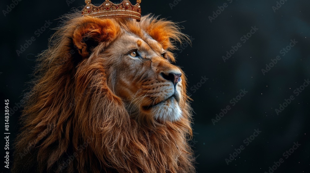 Fototapeta premium Majestic lion wearing an elegant crown against a dark background