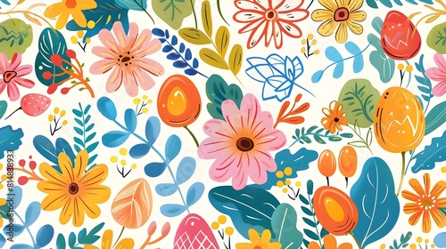 Colorful and Vibrant Botanical Floral Pattern with Blooming Flowers and Foliage