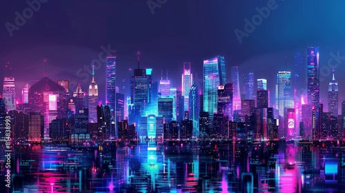 Neon-lit futuristic skyline against gradient colors