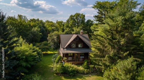 A cozy two-story cottage nestled among trees, radiating charm and tranquility in a picturesque countryside setting.