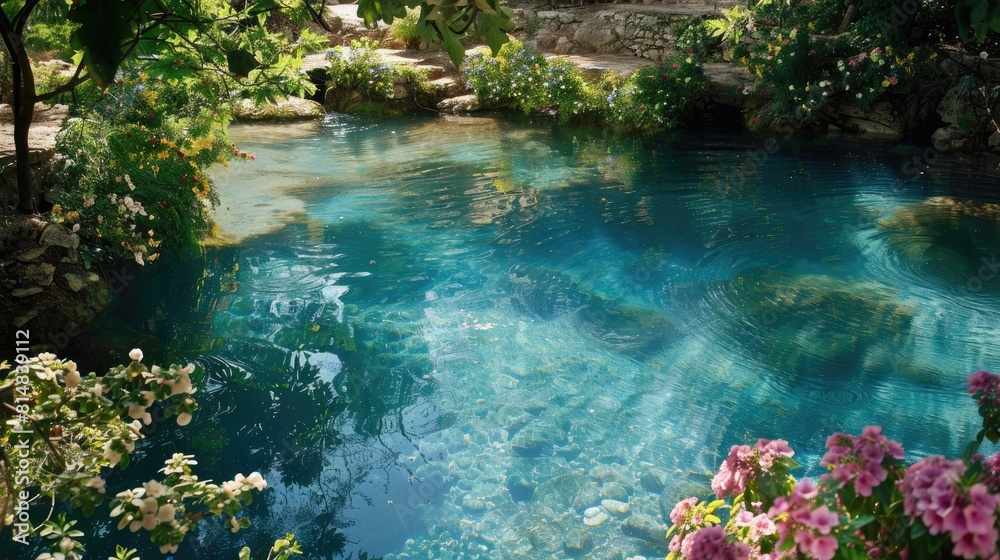 Naklejka premium an Israeli garden, with vibrant flowers adorning both sides and lush green trees, while a calm river reflects the gentle light.