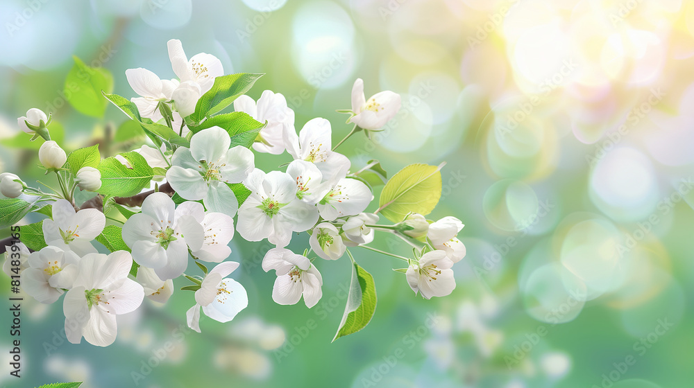 Spring apple tree branch with white flowers and green leaves on a blurred background. Spring apple tree branch with white flowers and green leaves on a blurred background.