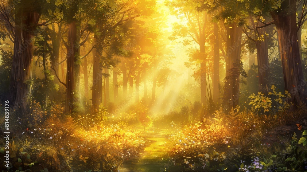 Mystical forest glade in golden sunlight with vibrant leaves Mystical forest glade in golden sunlight with vibrant leaves