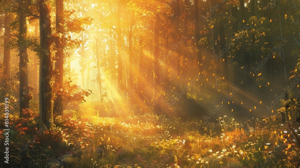 Mystical forest glade in golden sunlight with lush foliage