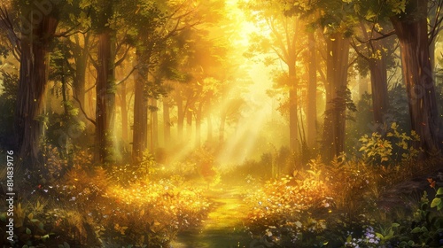 Mystical forest glade in golden sunlight with vibrant leaves