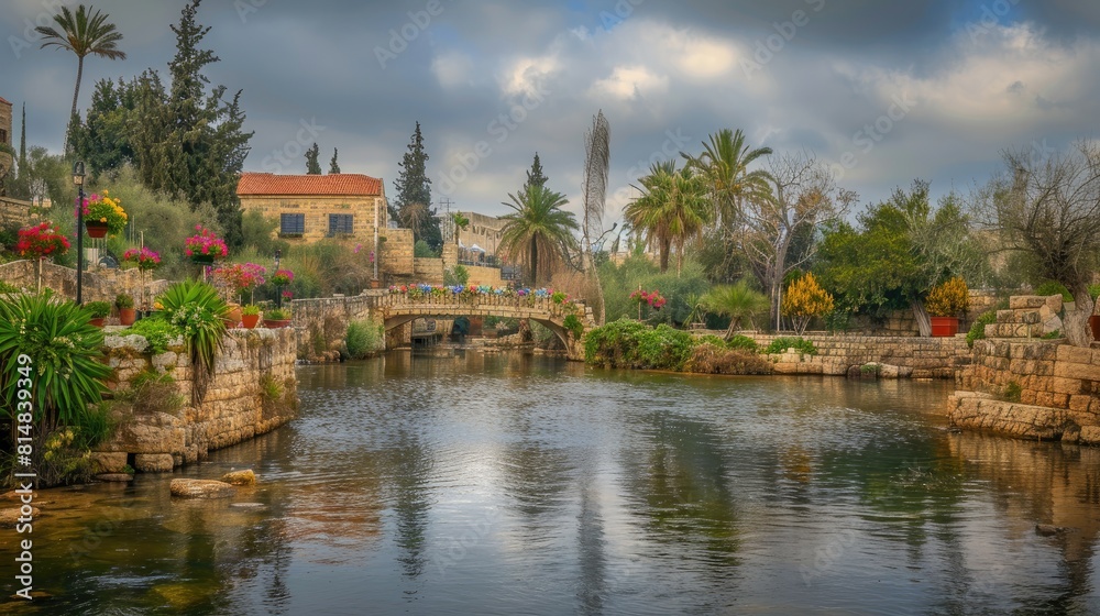 an Israeli garden, with vibrant flowers adorning both sides and lush green trees, while a calm river reflects the gentle light.