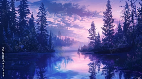 Tranquil twilight lake cerulean blue transitions to lavender and mauve framed by trees