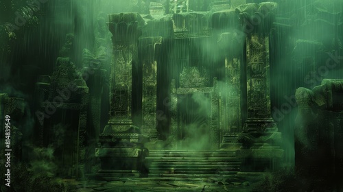 Mysterious misty temple mossy green and earthy brown merge into obsidian shadows