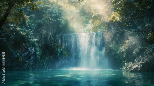 Mythical waterfall cascading into emerald pools illuminated by golden sunlight