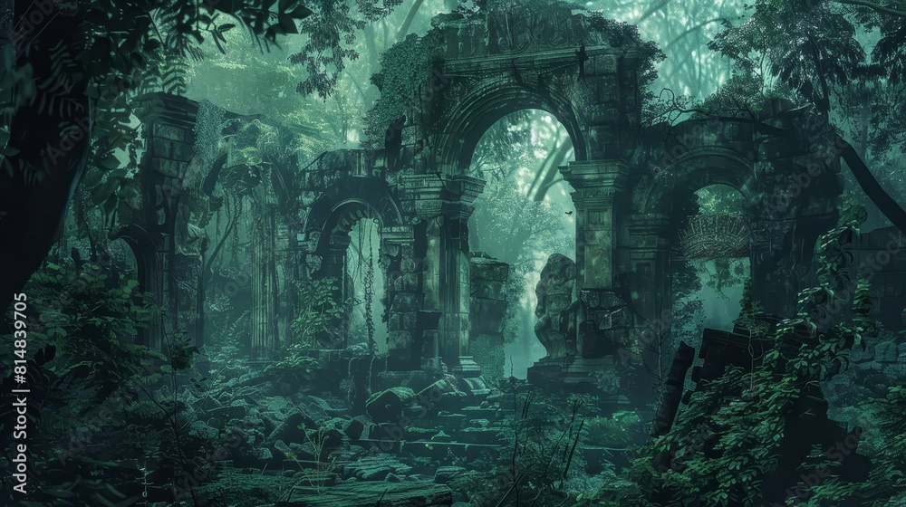 Naklejka premium Enigmatic ruin in dense jungle deep emerald blends with mossy green in shadows