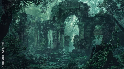 Enigmatic ruin in dense jungle deep emerald blends with mossy green in shadows