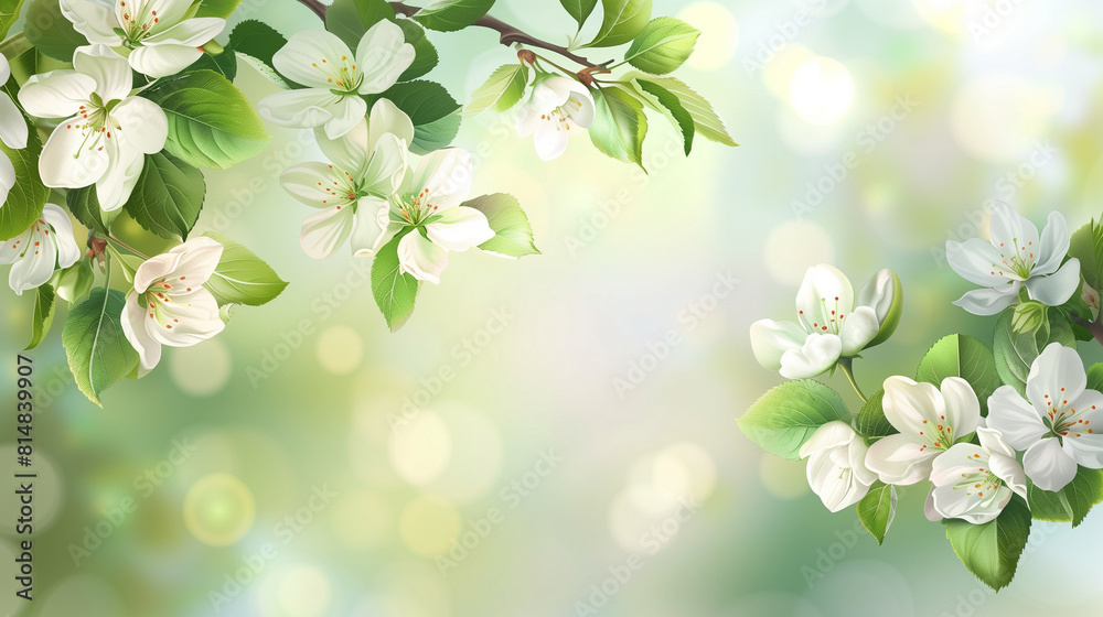 Spring apple tree branch with white flowers and green leaves on a blurred background. Spring apple tree branch with white flowers and green leaves on a blurred background.