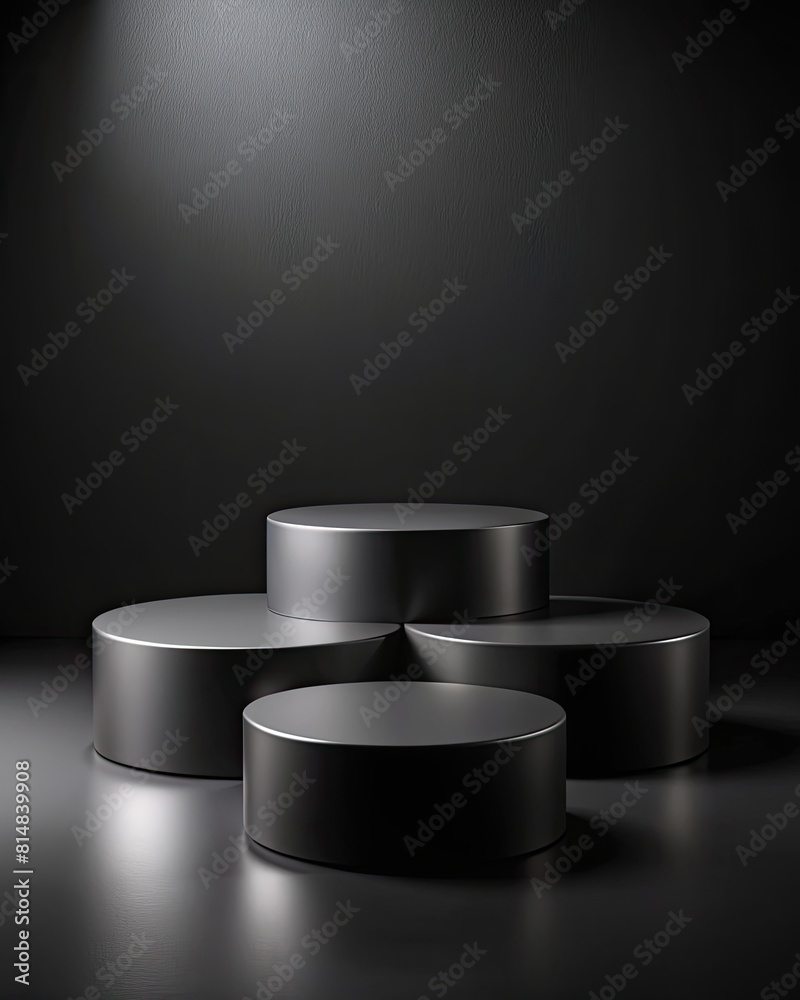 Black round podiums on dark background. Mock up. Black round podiums on dark background. Mock up.