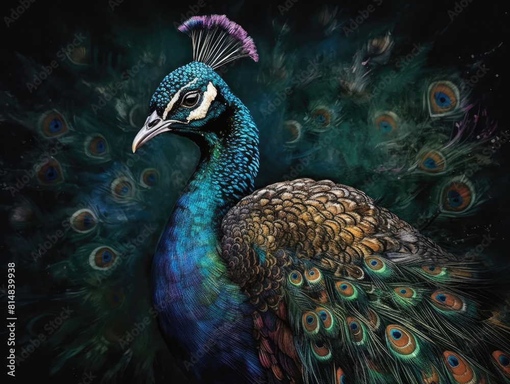 Obraz premium Peacock with colorful feathers on a black background