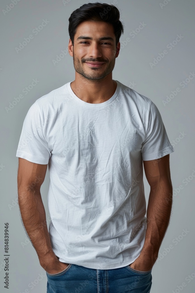 Smiling Young Indian Man in White T-Shirt Standing in Studio, Mockup, grey background, isolated Smiling Young Indian Man in White T-Shirt Standing in Studio, Mockup, grey background, isolated