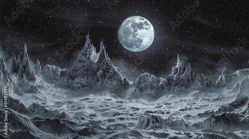 Surreal moonscape illuminated by ethereal moonlight with silvery gray and lunar white photo