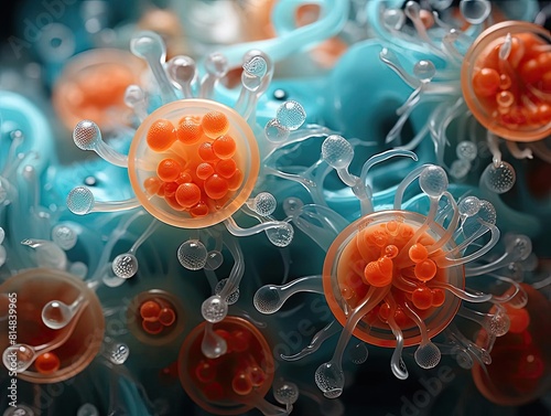 A microscopic view of a cell undergoing mitosis, with distinct chromosomes Captures the complexity of life at its most fundamental level Futuristic tone Monochromatic Color Scheme photo