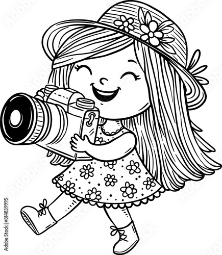 Cute cartoon photographer girl with a cap. Outline isolated little kid illustration, hobby, children activities