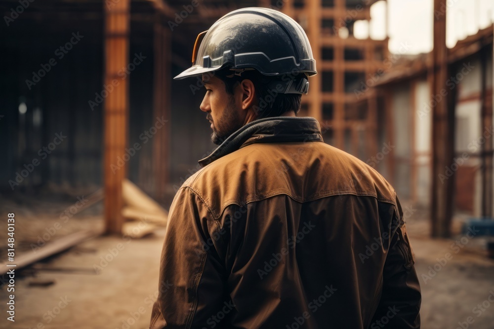 construction worker wearing hat and safety suit at industrial construction building site, back view