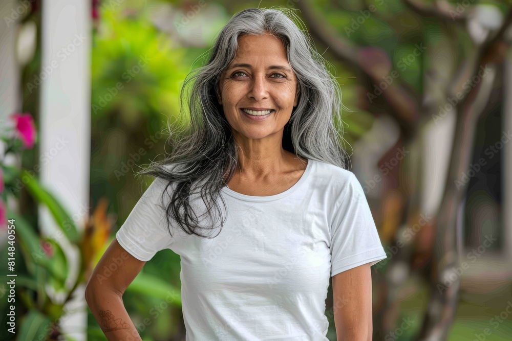 Smiling middle aged Senior Indian woman wearing blank white t-shirt, standing outdoors, Old Mature confident lady, mockup, Smiling middle aged Senior Indian woman wearing blank white t-shirt, standing outdoors, Old Mature confident lady, mockup,