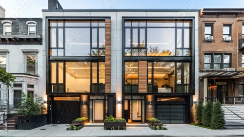 A minimalist two-story townhouse with clean lines and large windows, blending style and functionality in urban living.