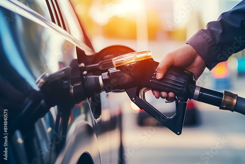 The process of refueling a car at a gas station.A refueling nozzle is inserted into the car tank, close-up. photo