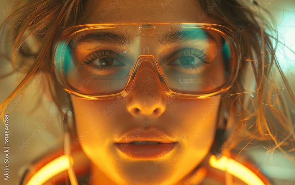 A woman wearing a pair of orange glasses with the word Lesco on them. She has a serious expression on her face A woman wearing a pair of orange glasses with the word Lesco on them. She has a serious expression on her face