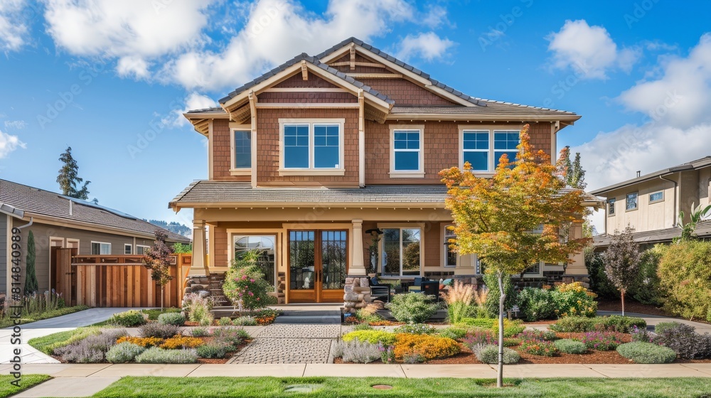 newly constructed two-story home with a freshly landscaped garden, welcoming owners to their dream abode.