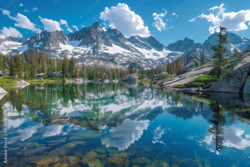 A majestic vista of snow-capped mountains mirrored in the crystal-clear waters of a serene alpine lake, surrounded by towering pine trees and rugged wilderness. A majestic vista of snow-capped mountains mirrored in the crystal-clear waters of a serene alpine lake, surrounded by towering pine trees and rugged wilderness.