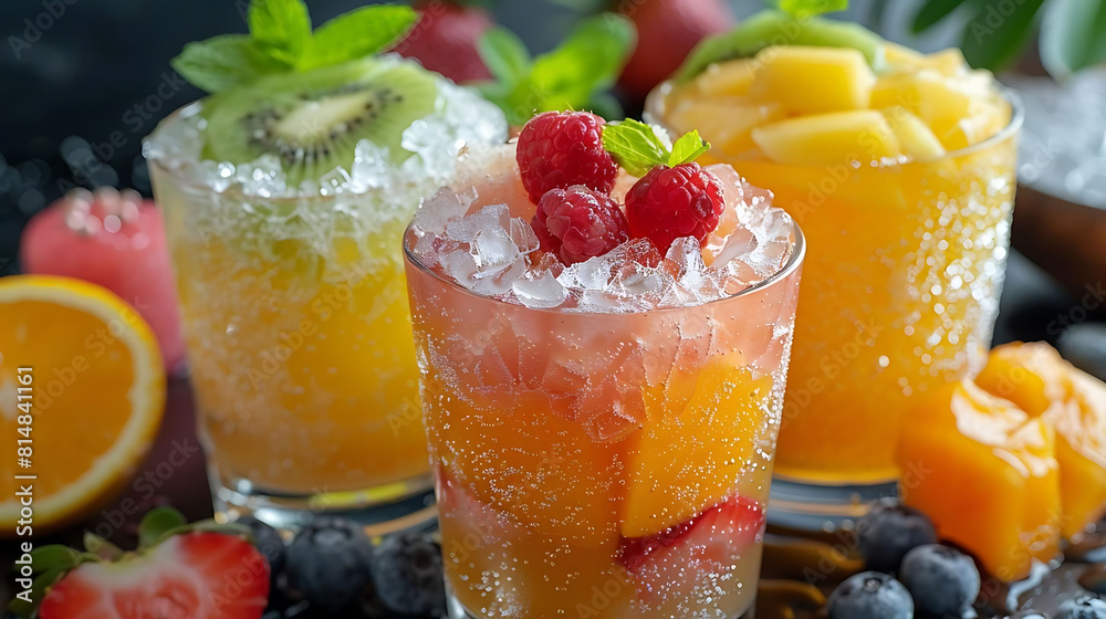 assorted fruit juices, including sliced strawberries and oranges, are displayed on a table alongside a brown bowl assorted fruit juices, including sliced strawberries and oranges, are displayed on a table alongside a brown bowl