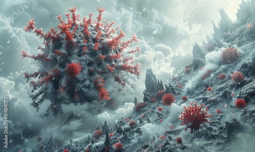 Conceptual 3D artwork of a world wrapped in coronavirus structure, apocalyptic mood, side angle photo
