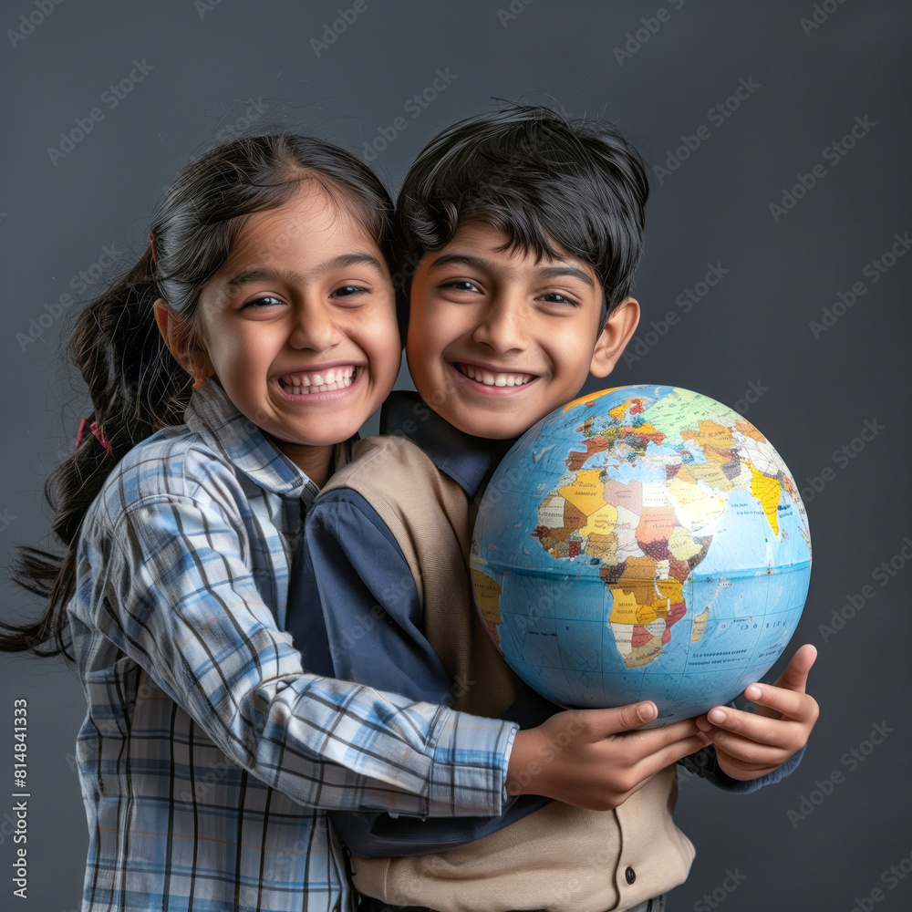 Indian girl boy student holding globe, indian goverment school Indian girl boy student holding globe, indian goverment school
