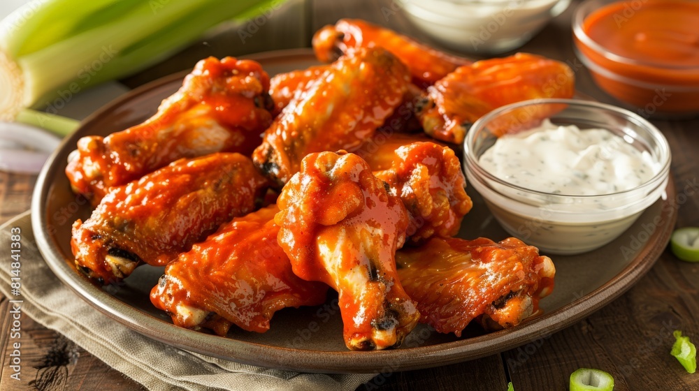 plate of crispy chicken wings tossed in buffalo sauce, ready to be enjoyed with a side of cool ranch dressing. plate of crispy chicken wings tossed in buffalo sauce, ready to be enjoyed with a side of cool ranch dressing.