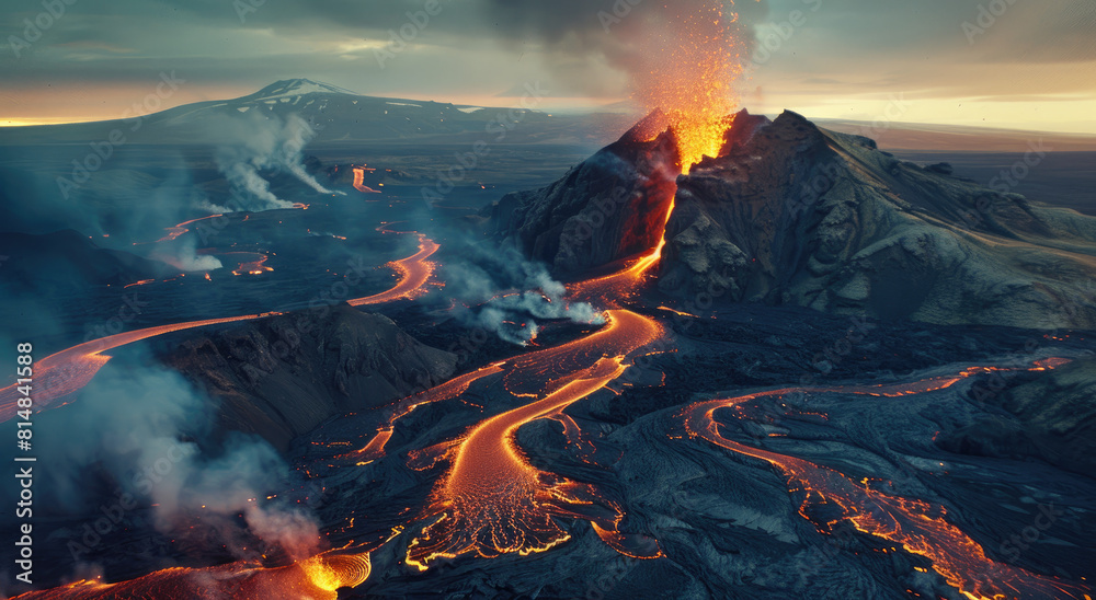 Aerial view of an erupting volcano in Iceland, with lava flowing down the side and into two large rivers that flow to the ocean on either end.
