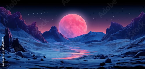  big pink moon risen over blue hill in desolated wasteland,  space journey, retro futuristic cyberpunk style fashion backdrop background, 