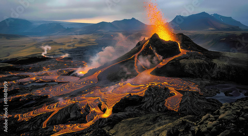 Aerial view of an erupting volcano in Iceland  with lava flowing down the side and into two large rivers that flow to the ocean on either end.