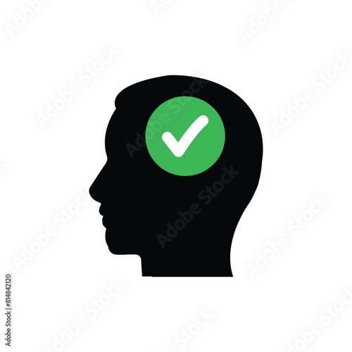 checkmark inside black head like happy man. flat cartoon style trend modern simple logotype graphic minimal art design isolated on white background.