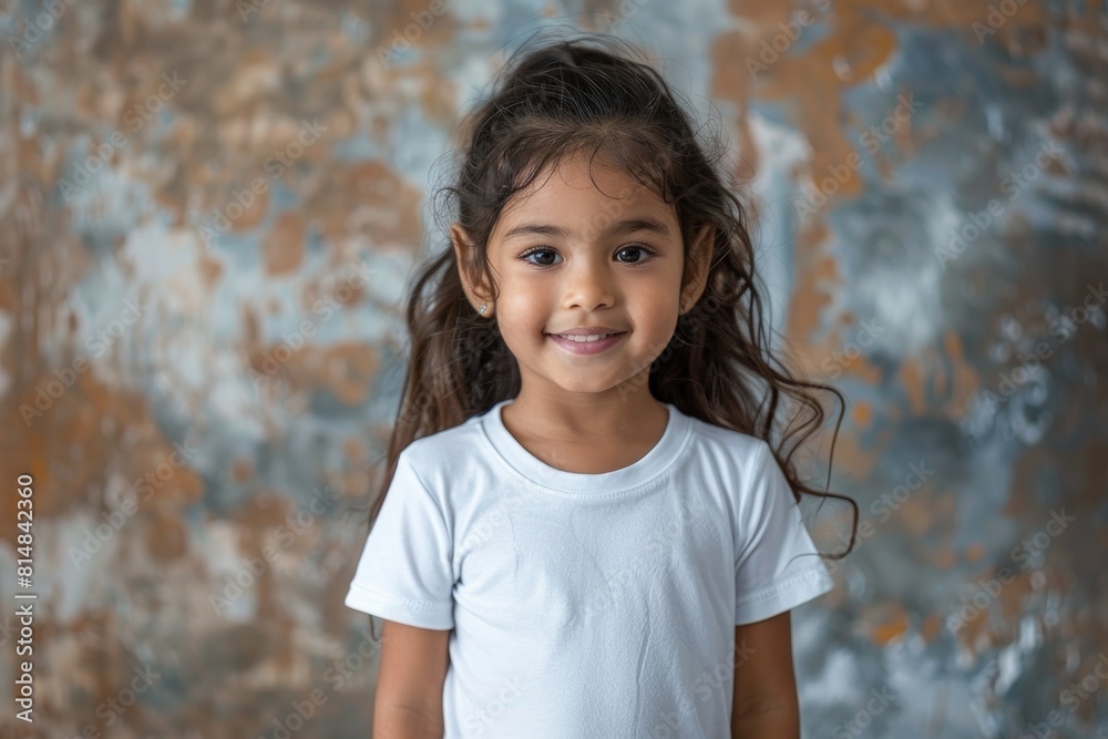Adorable Young Indian Girl in White T-Shirt posing against a wall, Mockup, Adorable Young Indian Girl in White T-Shirt posing against a wall, Mockup,