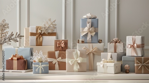 various wrapped gifts, adorned in brown, blue, and beige colored boxes with ribbons, are arranged on a white table against a soft-lit white background.