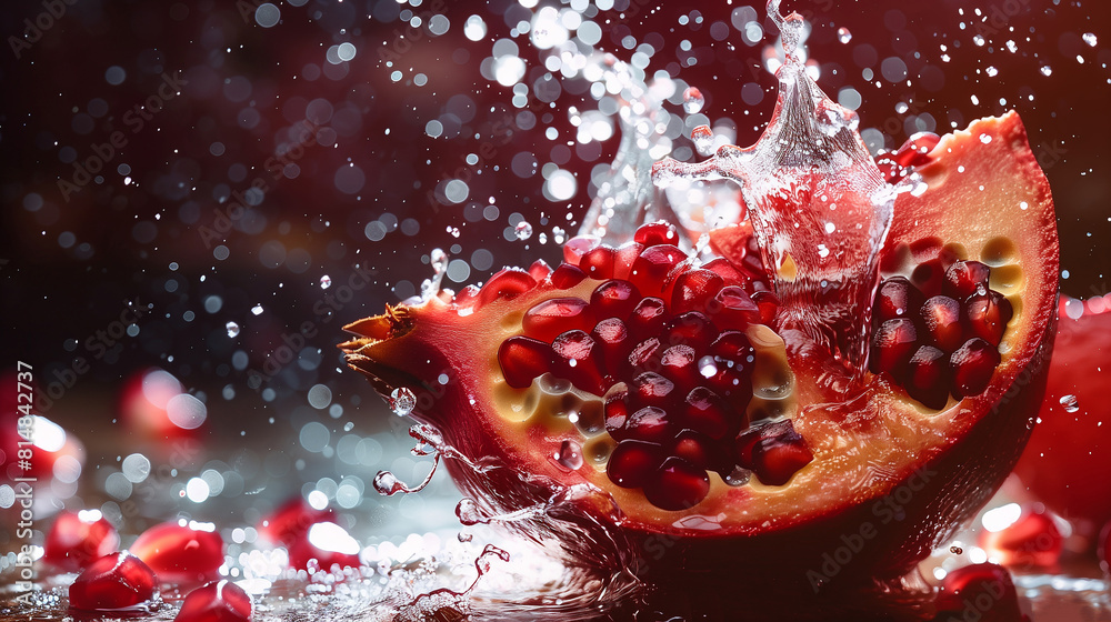 Fresh pomegranate fruit and water Splashing on black background. Fresh pomegranate fruit and water Splashing on black background.